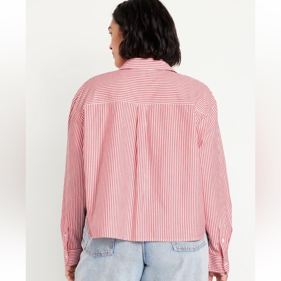 NWT Old Navy Cropped Red and White Striped Button-Up Shirt | Women’s XXL - Picture 2 of 14